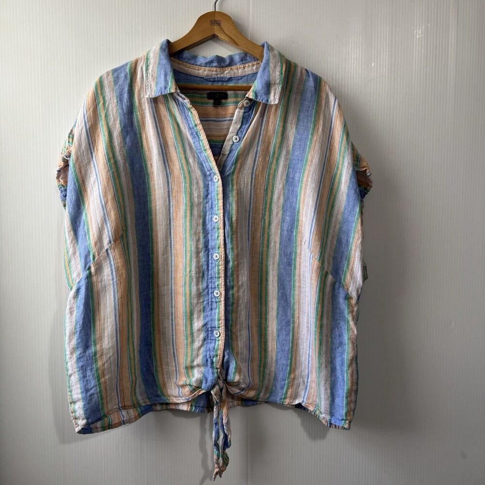 Talbots Plus 2x Coastal Women’s Multicolor Striped 100% Linen Tie Front Blouse